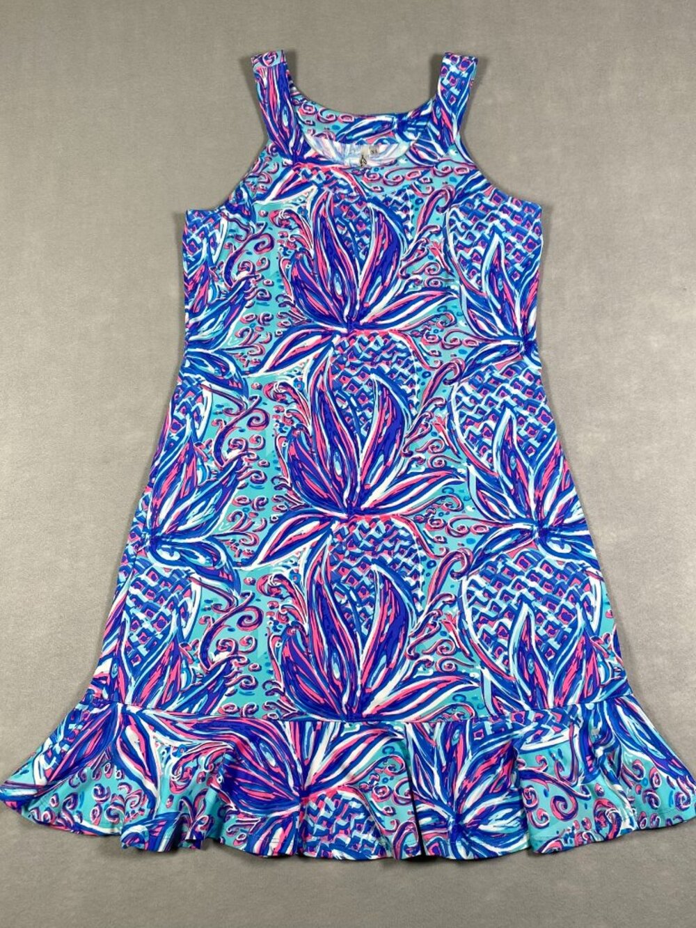 Lulu B Scoop Neck Pineapple Design Active Dress UPF 50+ Resort Wear Womens Size